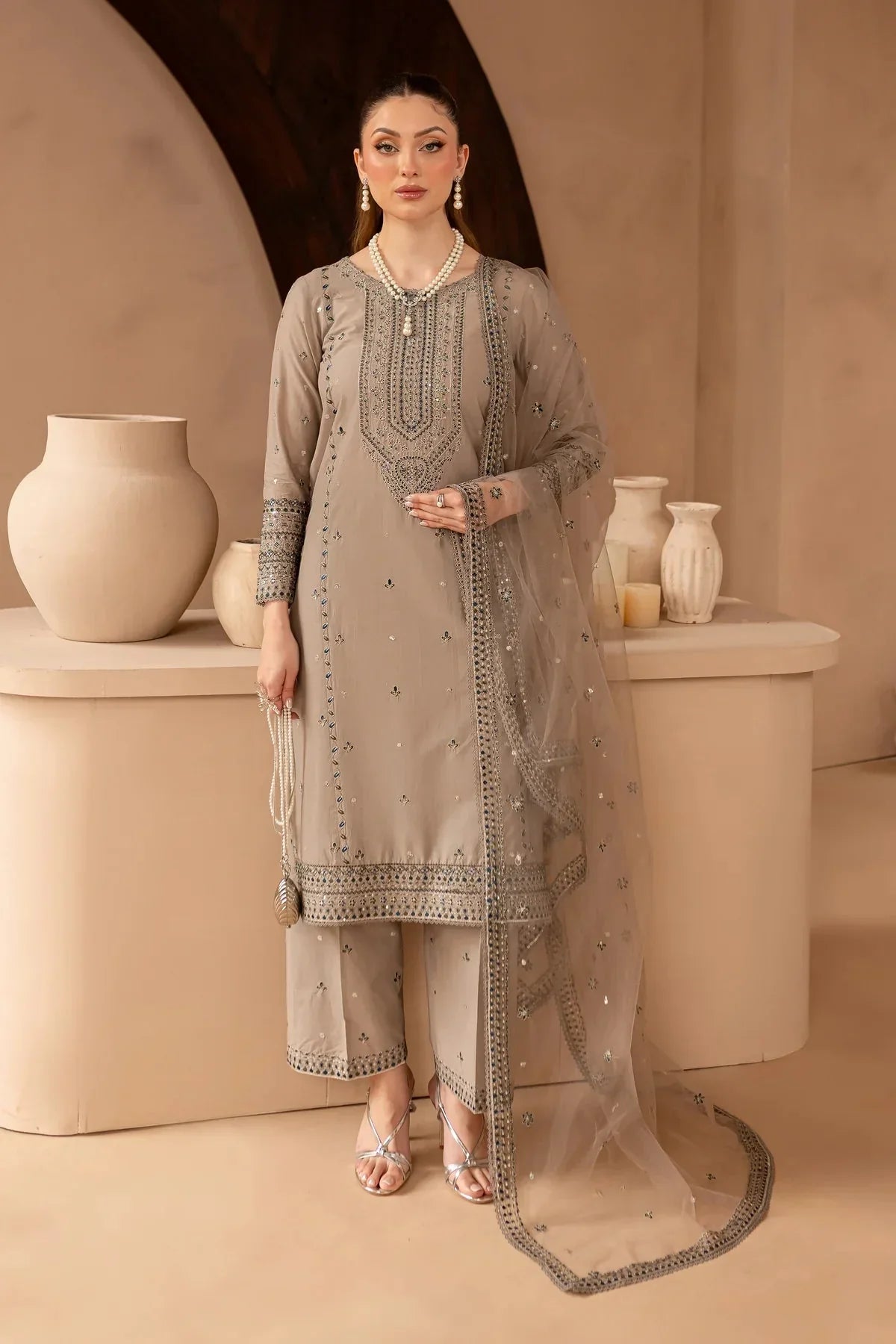 3PC Lawn Sequence Embroidered Shirt with Sequence Embroidered Orgnza Dupatta (Unstitched) - 2590
