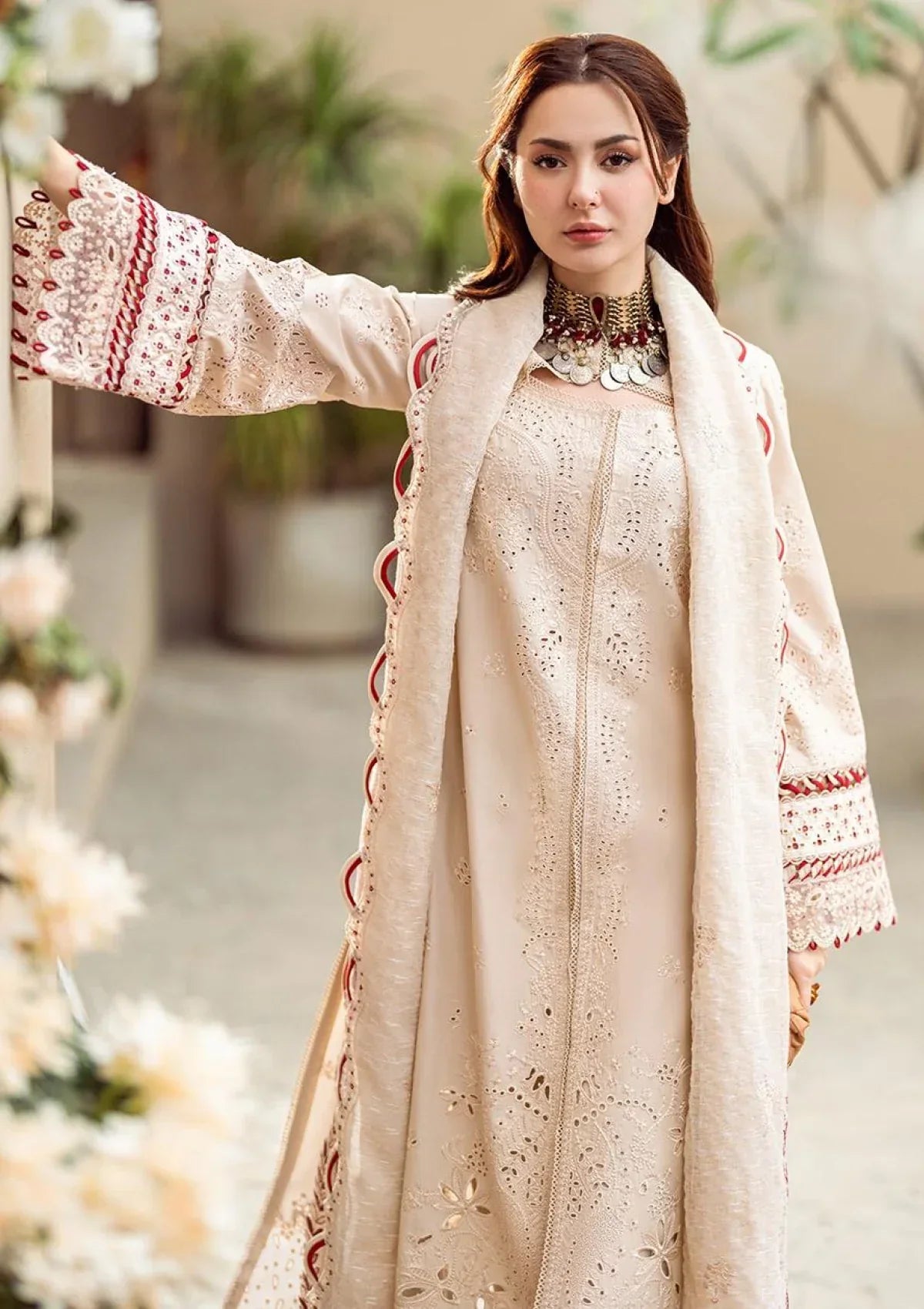 QALAMKAR - 3PC LAWN EMBROIDERED SHIRT WITH JACQUARD WEAVED EMBROIDERED DUPATTA AND COTTON TROUSER