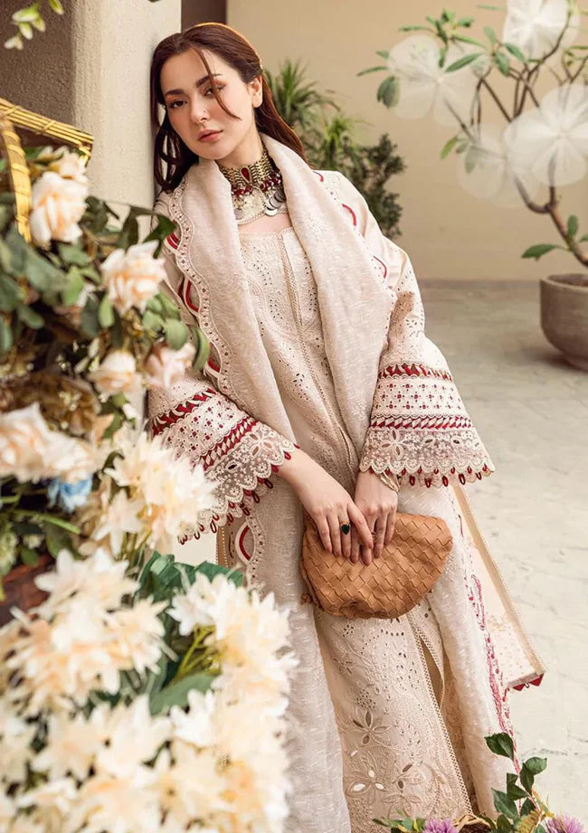 QALAMKAR - 3PC LAWN EMBROIDERED SHIRT WITH JACQUARD WEAVED EMBROIDERED DUPATTA AND COTTON TROUSER